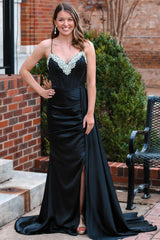 Polly Dressystars  Glamorous Black Rhinestone Sexy V-Neck Long Formal Dress with Attached Train