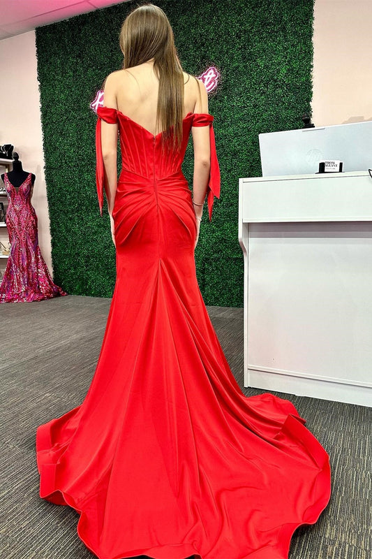 Pamela Dressystars  Red Off-the-shoulder Bow Sleeve Mermaid Long Elegant Prom Dress with Split Design