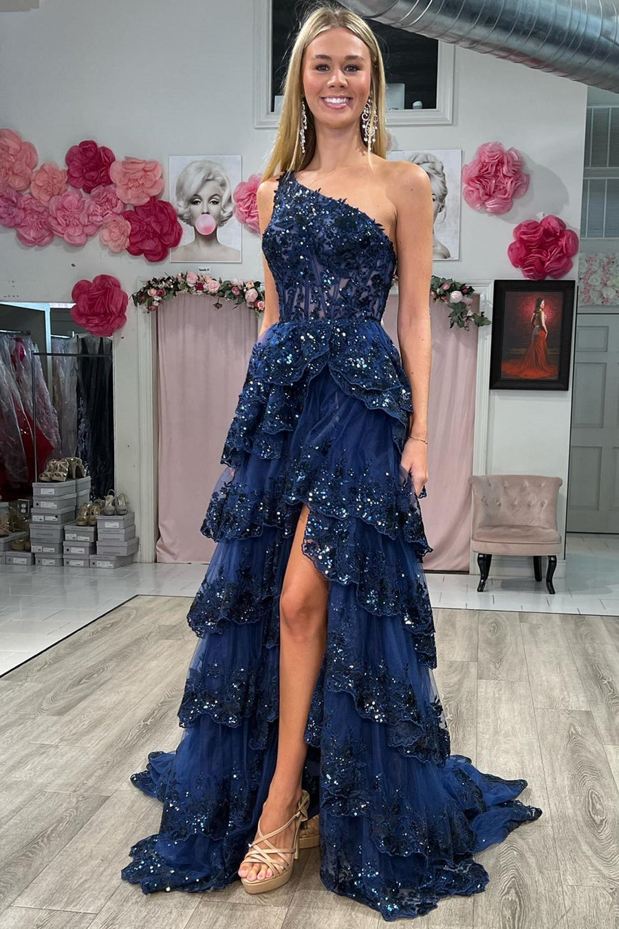 Livia Dressystars Sheath One Shoulder Tiered Lace Long Prom Dress