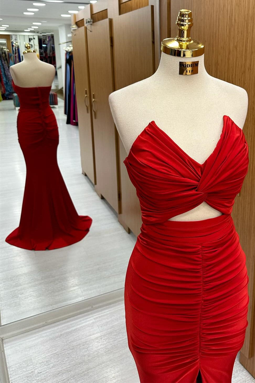 Dressystars Red Strapless Twisted Knot Mermaid Long Formal Dress with Split Design