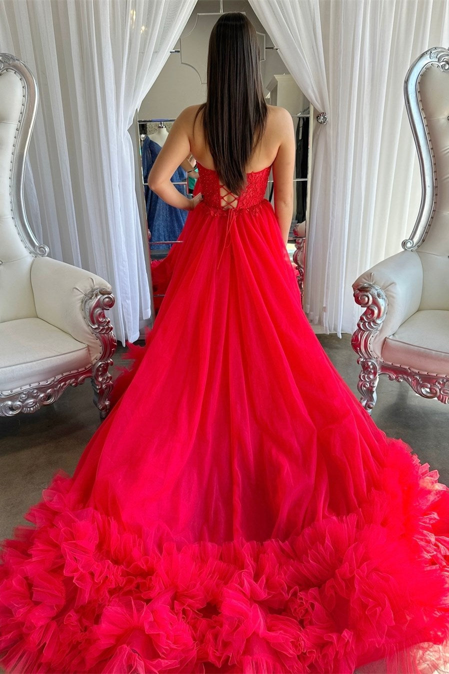 Romy Dressystars  Red Tulle Material Delicate Appliques Chic Sweetheart Collar Ruffle Long Prom Dress