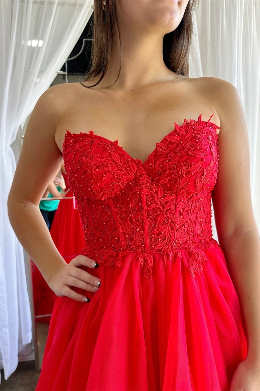 Romy Dressystars  Red Tulle Material Delicate Appliques Chic Sweetheart Collar Ruffle Long Prom Dress