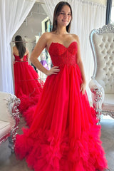 Romy Dressystars  Red Tulle Material Delicate Appliques Chic Sweetheart Collar Ruffle Long Prom Dress