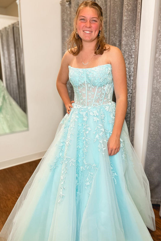 Dressystars  Aqua Blue Delicate Appliques Strapless A-Line Long Prom Dress