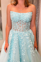 Dressystars  Aqua Blue Delicate Appliques Strapless A-Line Long Prom Dress