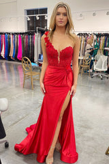 Red One-Shoulder 3D Floral Lace Pleated Long Gown with Split Design