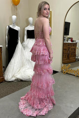 Girly Pink Glitter Delicate Appliques Lace-Up Ruffle Tiered Long Dress with Split Design