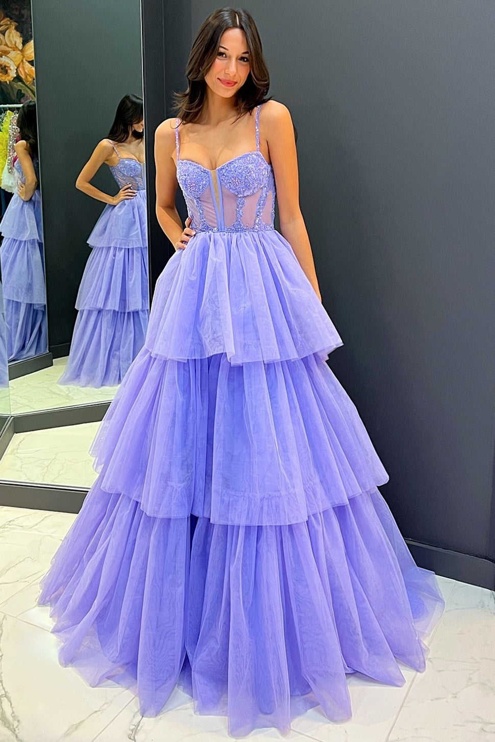 Tiered Ruffle Sequin-Embroidery Sexy Corset Long Prom Gown