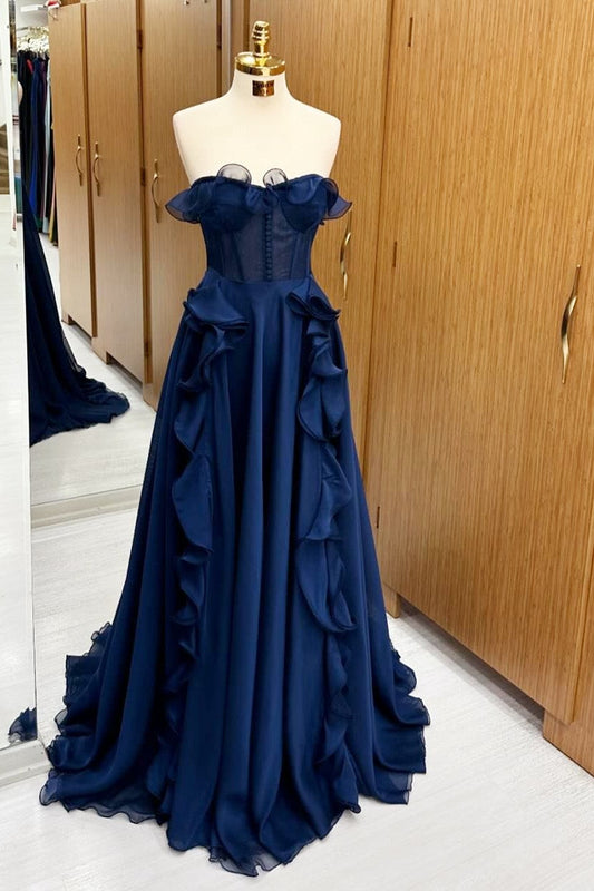 Navy Blue Sexy Corset Ruffle Maxi Dress