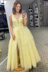 Yellow Plunge V Ruffle Tiered Long Elegant Prom Dress with Split Design