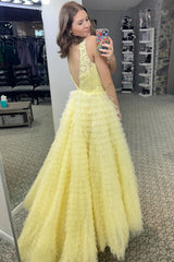 Yellow Plunge V Ruffle Tiered Long Elegant Prom Dress with Split Design