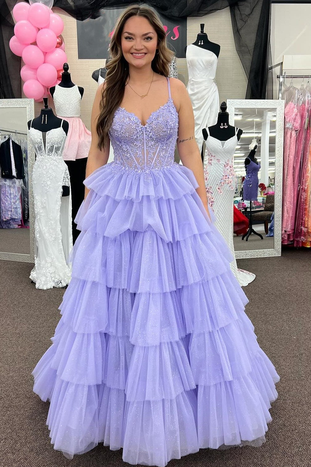 Tiered Ruffle Delicate Appliques Sexy Corset Long Elegant Prom Dress with Spaghetti Straps