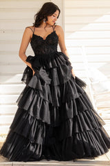 Tiered Ruffle Delicate Appliques Sexy Corset Long Elegant Prom Dress with Spaghetti Straps