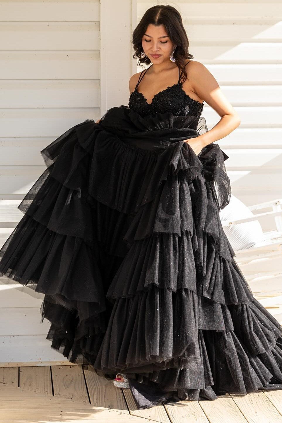 Tiered Ruffle Delicate Appliques Sexy Corset Long Elegant Prom Dress with Spaghetti Straps