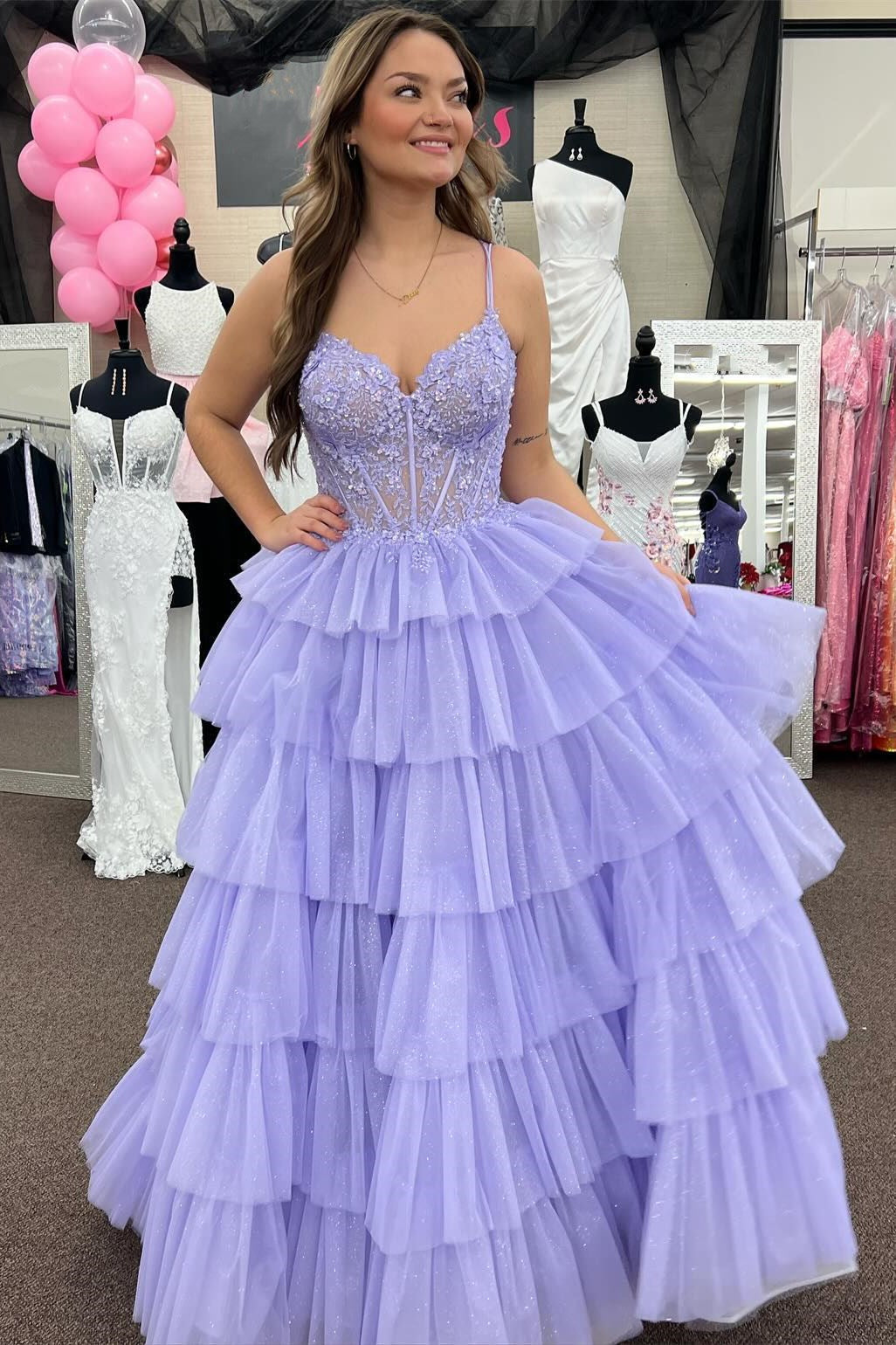 Tiered Ruffle Delicate Appliques Sexy Corset Long Elegant Prom Dress with Spaghetti Straps