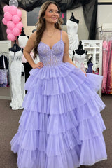 Tiered Ruffle Delicate Appliques Sexy Corset Long Elegant Prom Dress with Spaghetti Straps