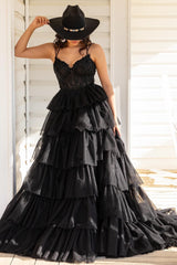 Tiered Ruffle Delicate Appliques Sexy Corset Long Elegant Prom Dress with Spaghetti Straps