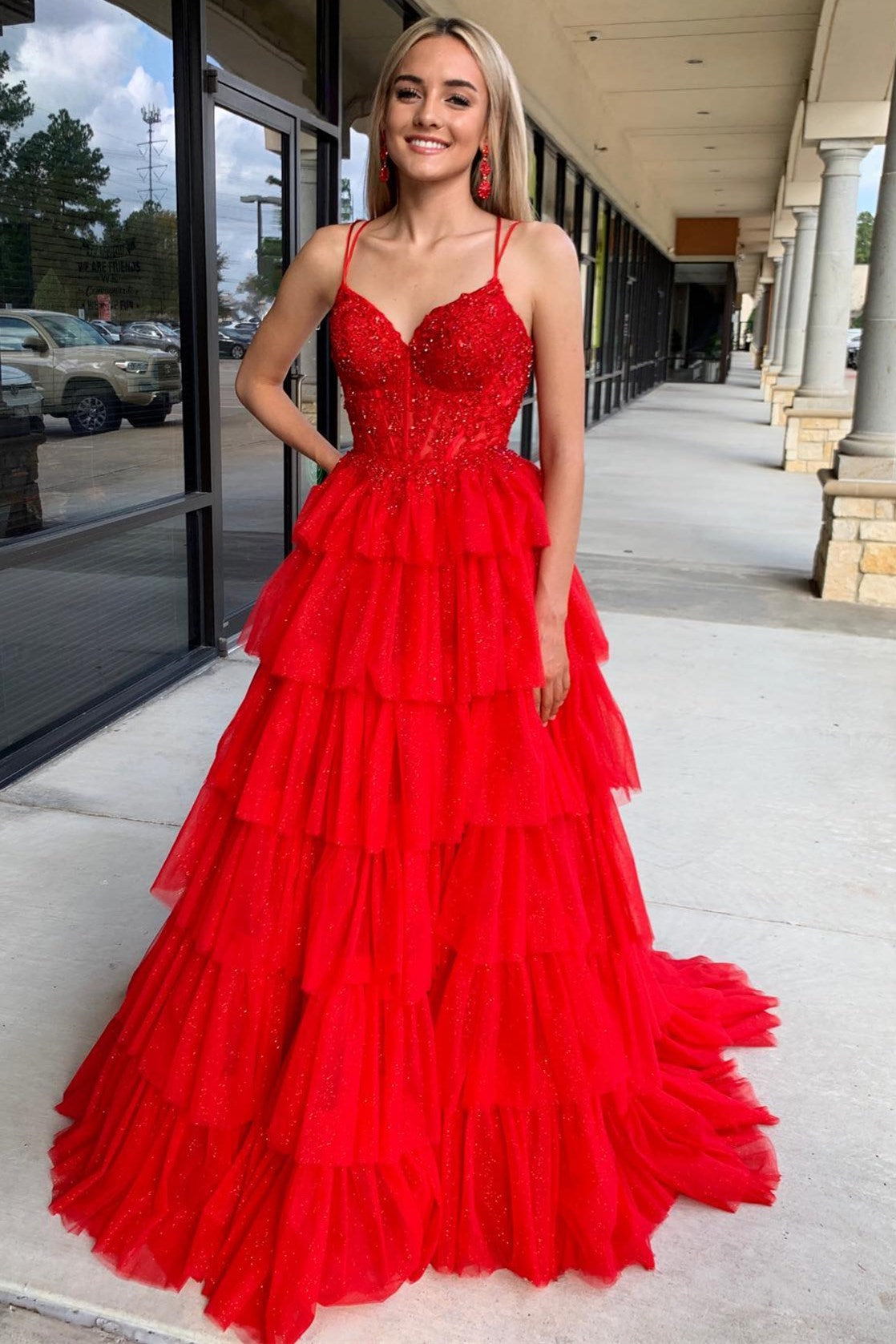 Tiered Ruffle Delicate Appliques Sexy Corset Long Elegant Prom Dress with Spaghetti Straps