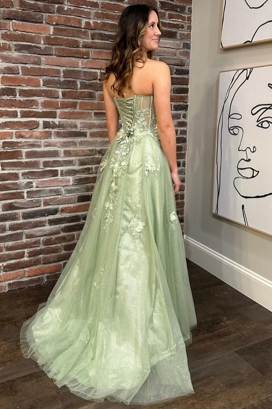 Sage Green Chic Sweetheart Collar Lace-Up Long Elegant Prom Dress with 3D Floral Lace