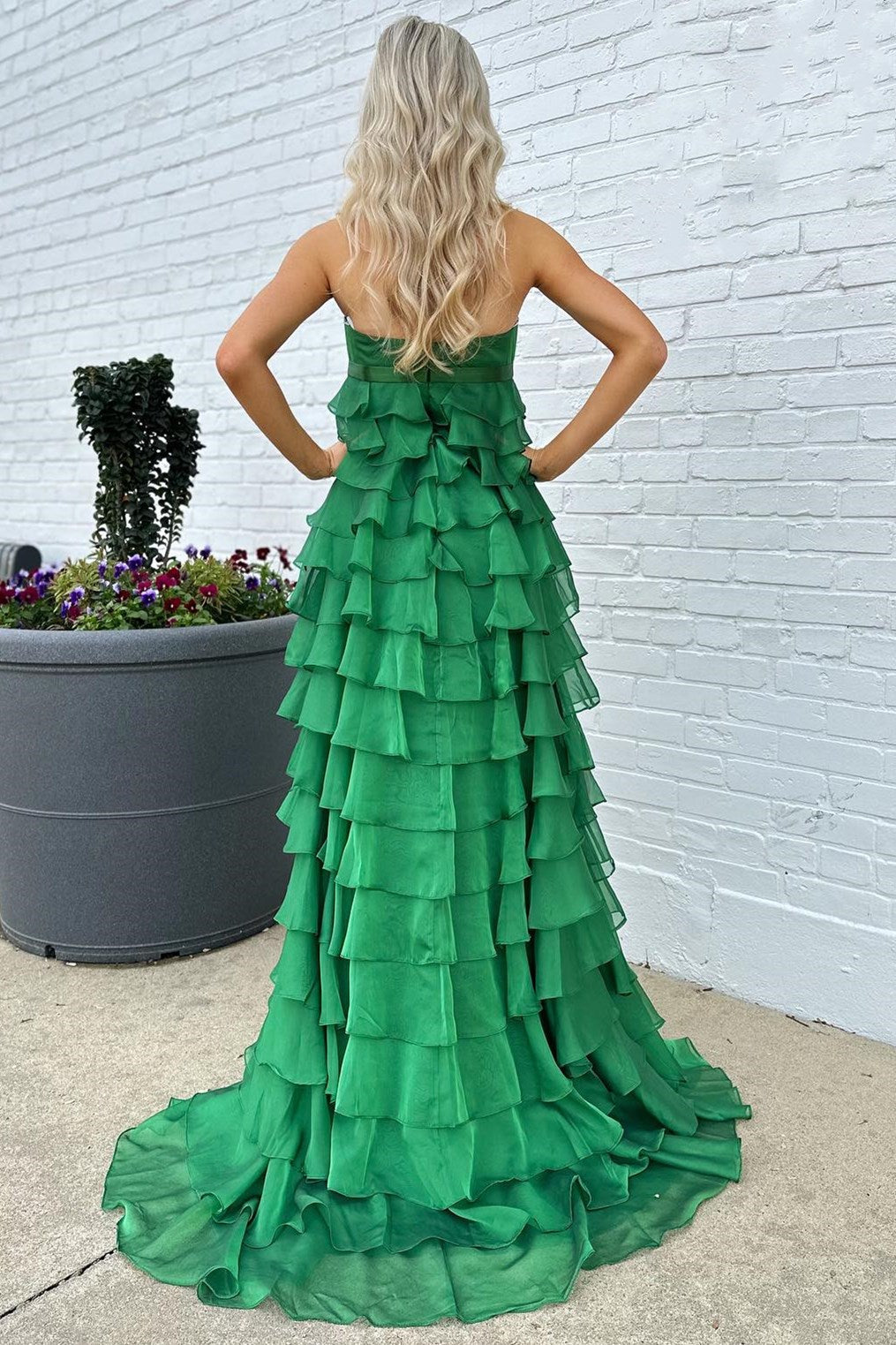 Strapless High-Waist Ruffle Tiered Long Elegant Prom Dress with Bow