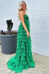 Strapless High-Waist Ruffle Tiered Long Elegant Prom Dress with Bow