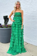 Strapless High-Waist Ruffle Tiered Long Elegant Prom Dress with Bow