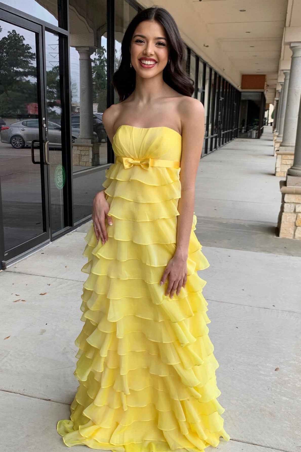 Strapless High-Waist Ruffle Tiered Long Elegant Prom Dress with Bow