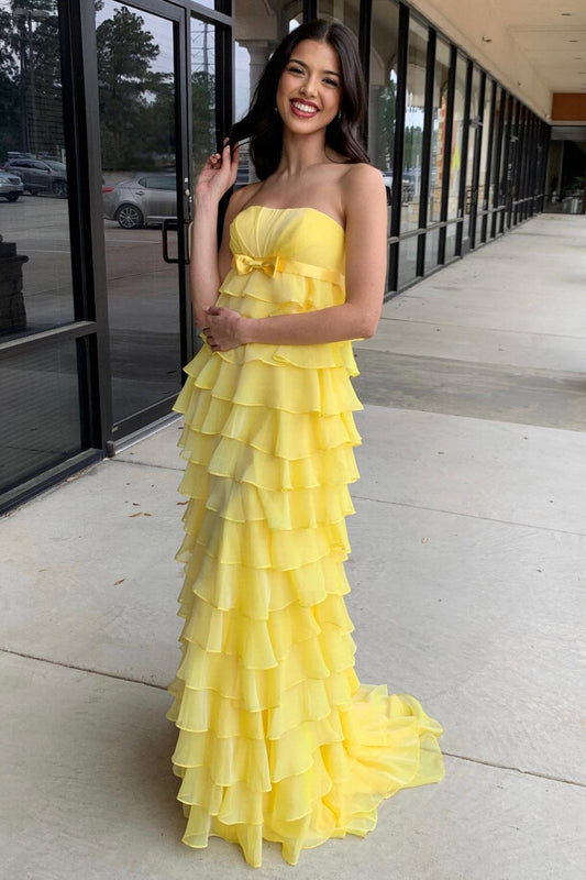 Strapless High-Waist Ruffle Tiered Long Elegant Prom Dress with Bow