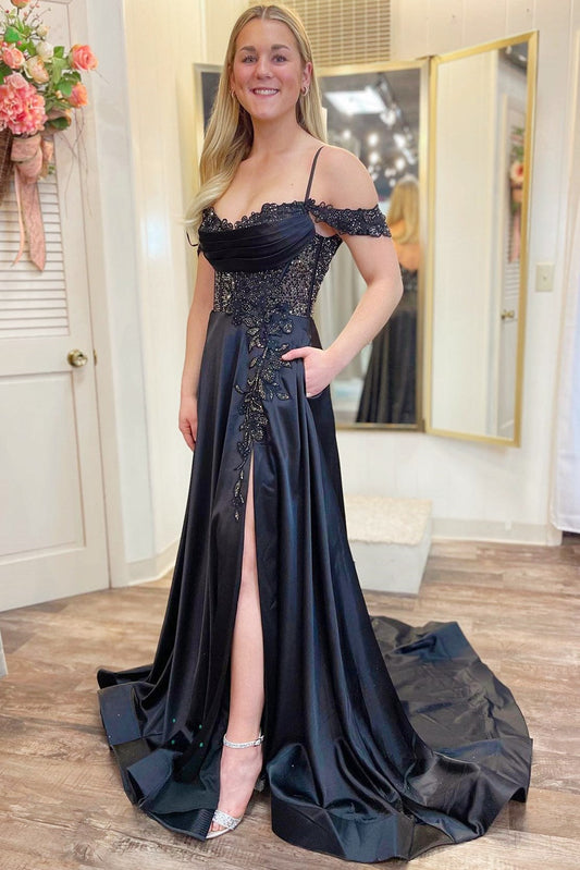 Off-the-shoulder Delicate Beaded  A-Line Formal Dress with Split Design