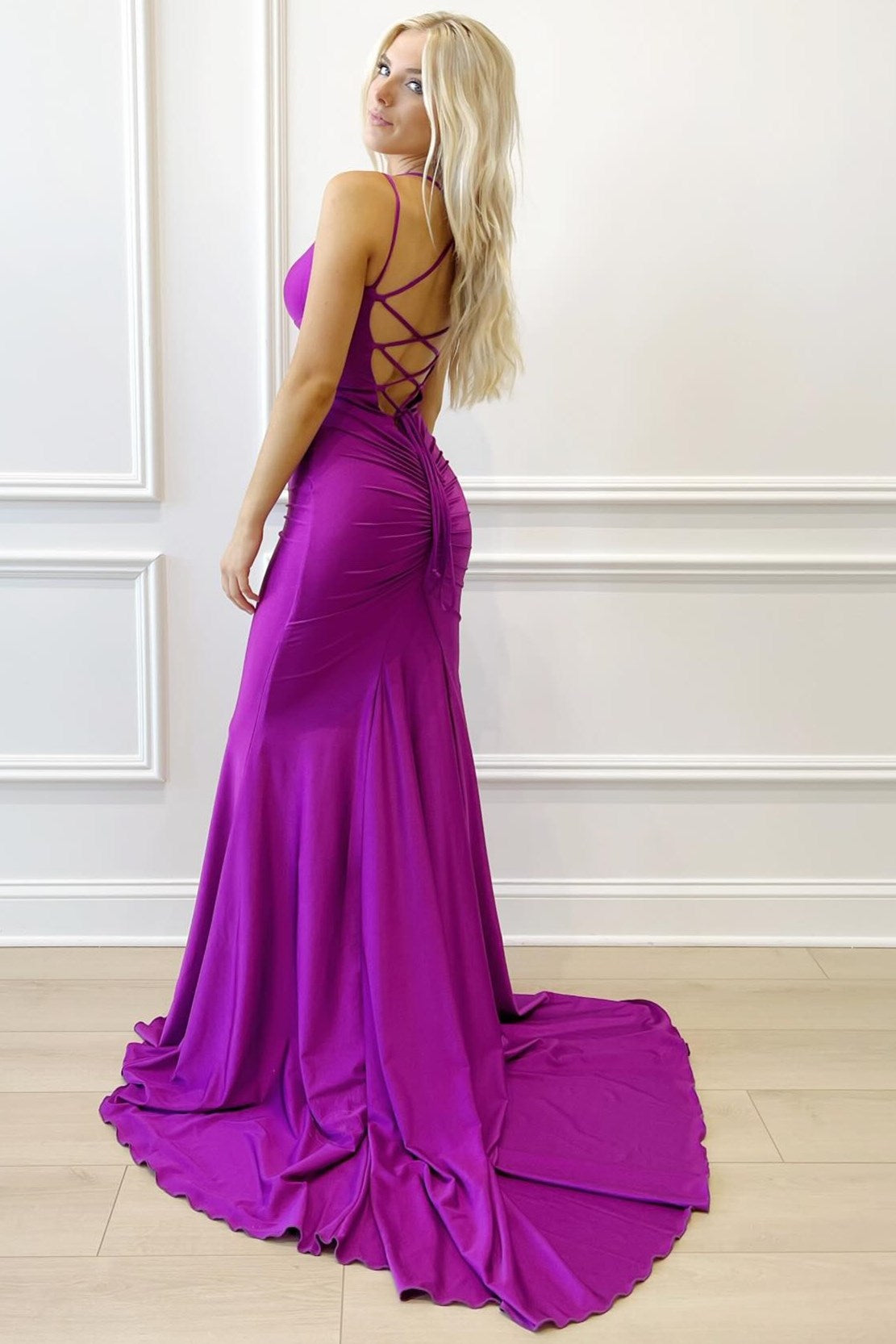 Purple Sexy V-Neck Lace-Up Mermaid Long Formal Dress