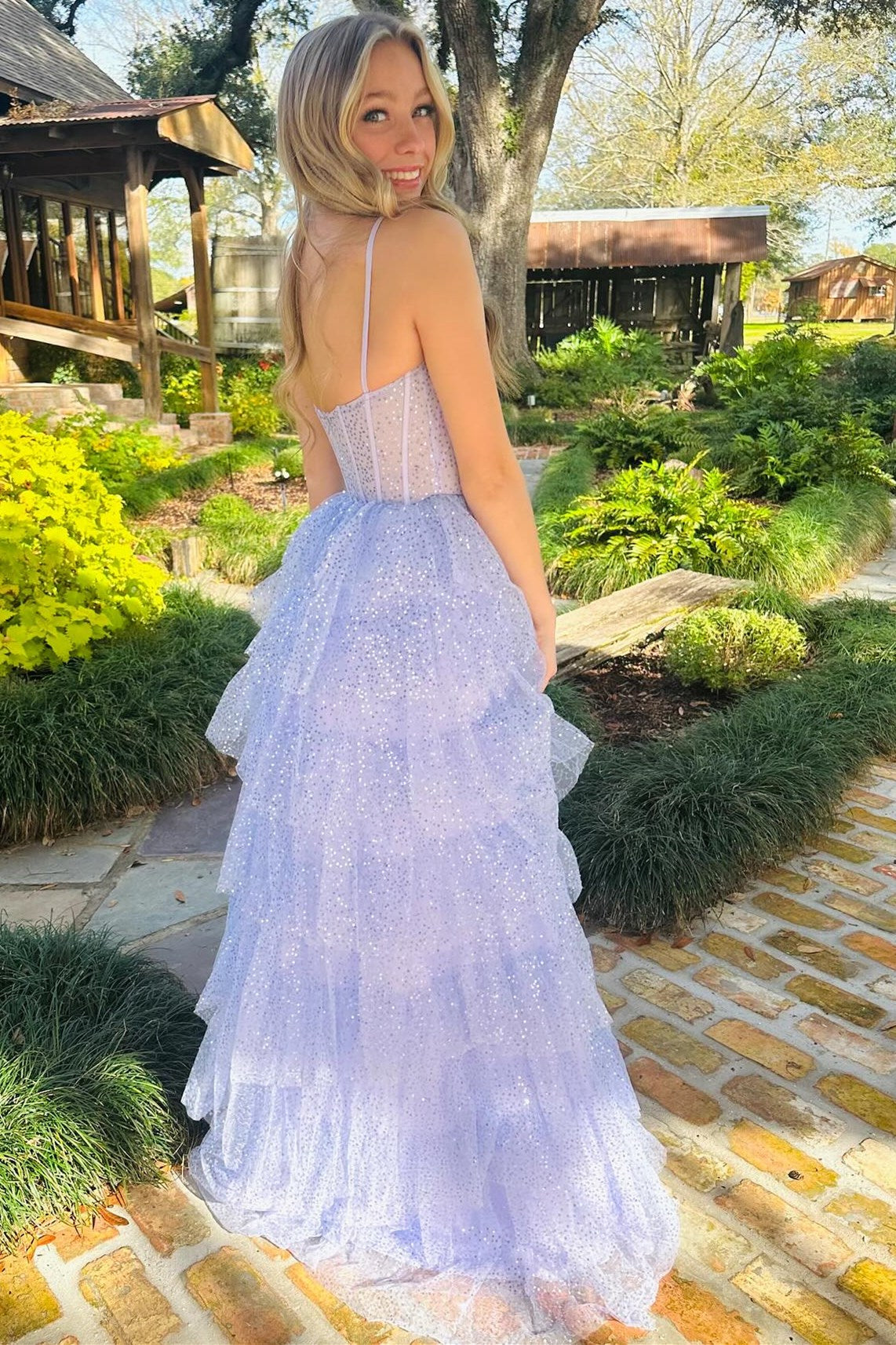 Lavender Tulle Material Sequin Ruffle Tiered Long Prom Dress