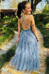 Cross-Back Plunge V Ruffle Maxi Dress in Smoky Blue