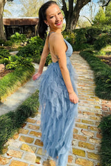 Cross-Back Plunge V Ruffle Maxi Dress in Smoky Blue