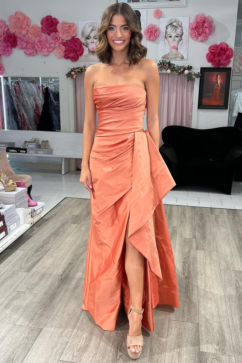 Strapless Ruched Maxi Dress with Attached Train