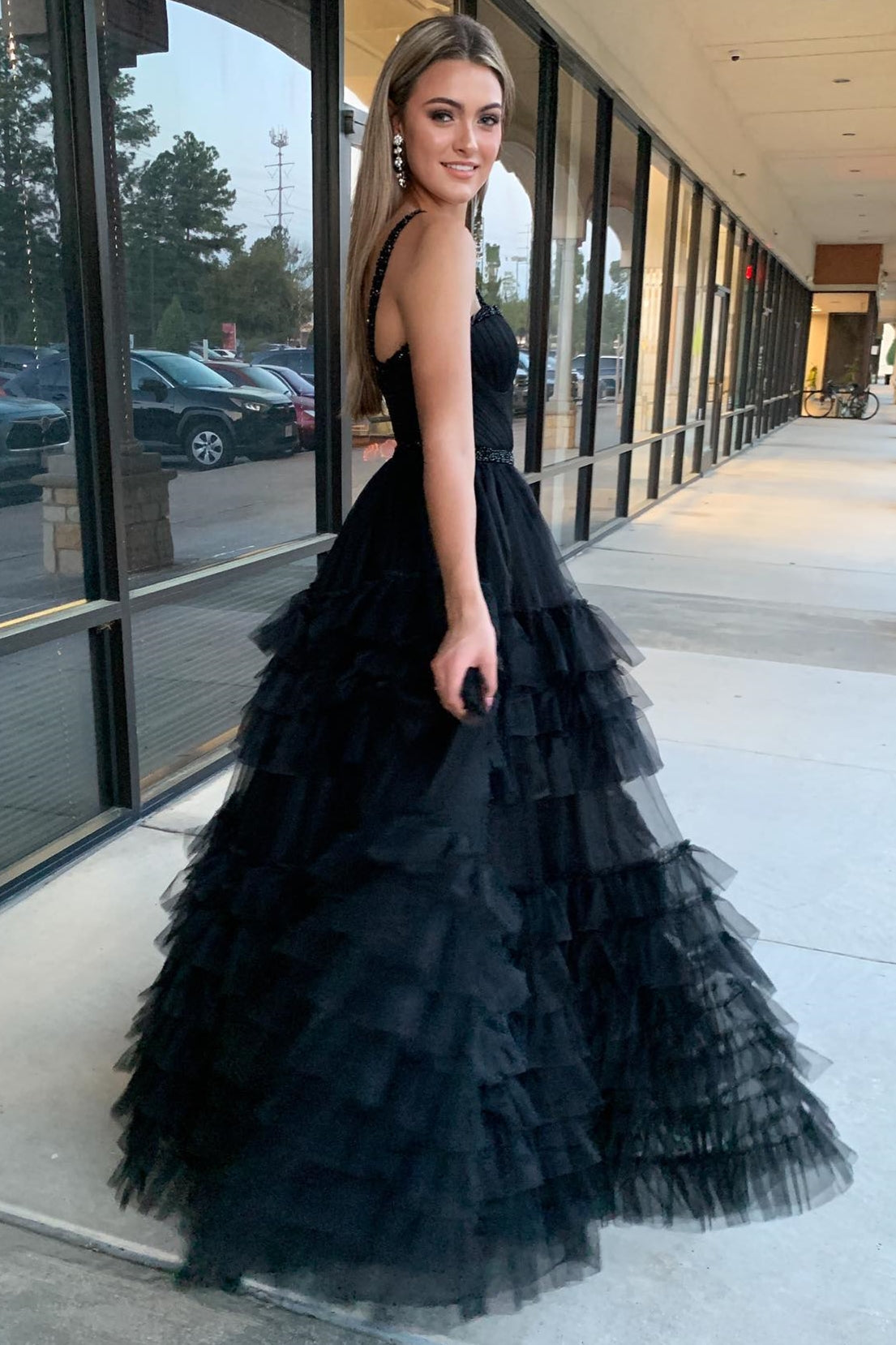 Tiered Ruffle Chic Sweetheart Collar Delicate Beaded  Long Prom Dress