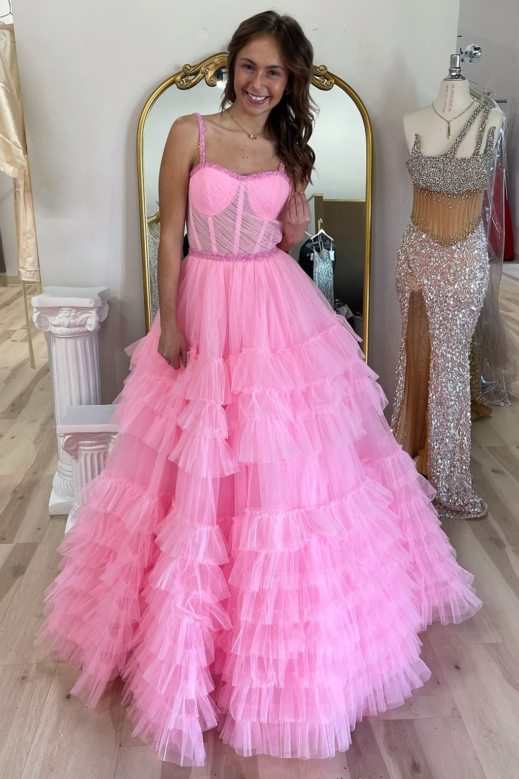 Tiered Ruffle Chic Sweetheart Collar Delicate Beaded  Long Prom Dress