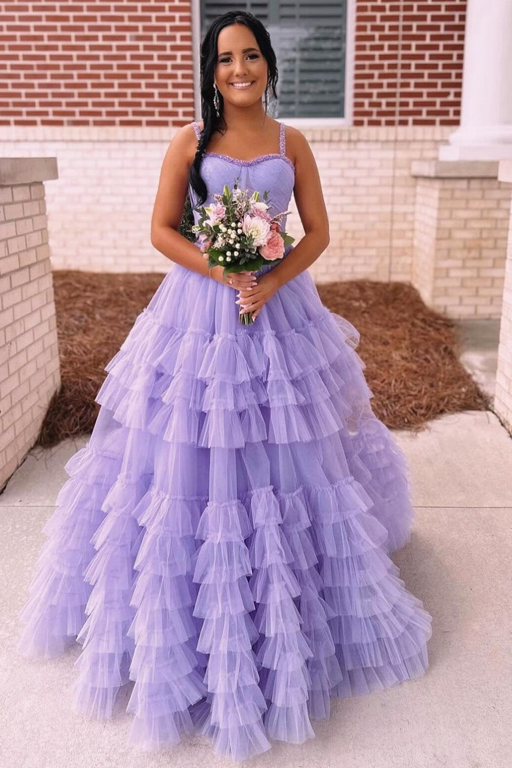 Tiered Ruffle Chic Sweetheart Collar Delicate Beaded  Long Prom Dress