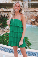 chic green shoulder strap ruffle hierarchical pleated party dress homecoming dresses