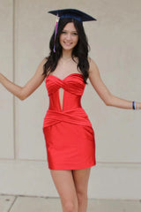 red strapless bandeau version keyhole ruched satin fabric sheath short homecoming dress