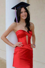 red strapless bandeau version keyhole ruched satin fabric sheath short homecoming dress