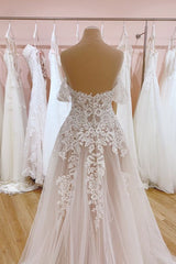 Ivory Tulle Lace Wedding Dress Off the Shoulder A-Line Bridal Dress with Sweep Train