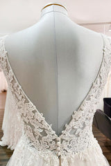 White Tulle Lace Wedding Dress A-Line V Neck Bridal Dress with Sweep Train