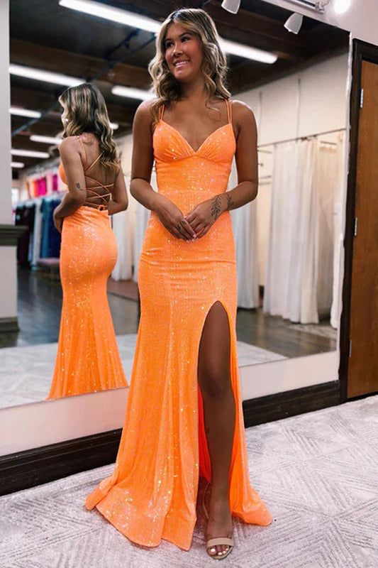 Shiny Orange Sequin Material  Mermaid Long Prom Dress