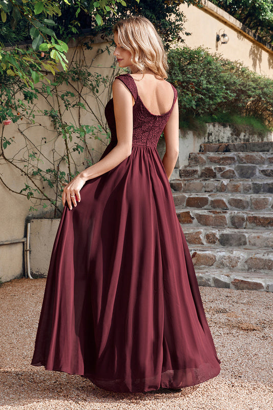 Burgundy V-Neck Lace Chiffon Bridesmaid Dress