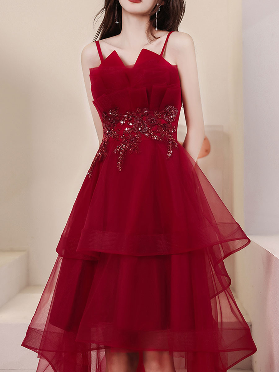 Burgundy High-Low Short Prom Dress Beaded Sequin Homecoming Dress