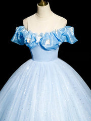 A-Line Off-Shoulder Tulle Blue Long Prom Dress Blue Long Formal Dress