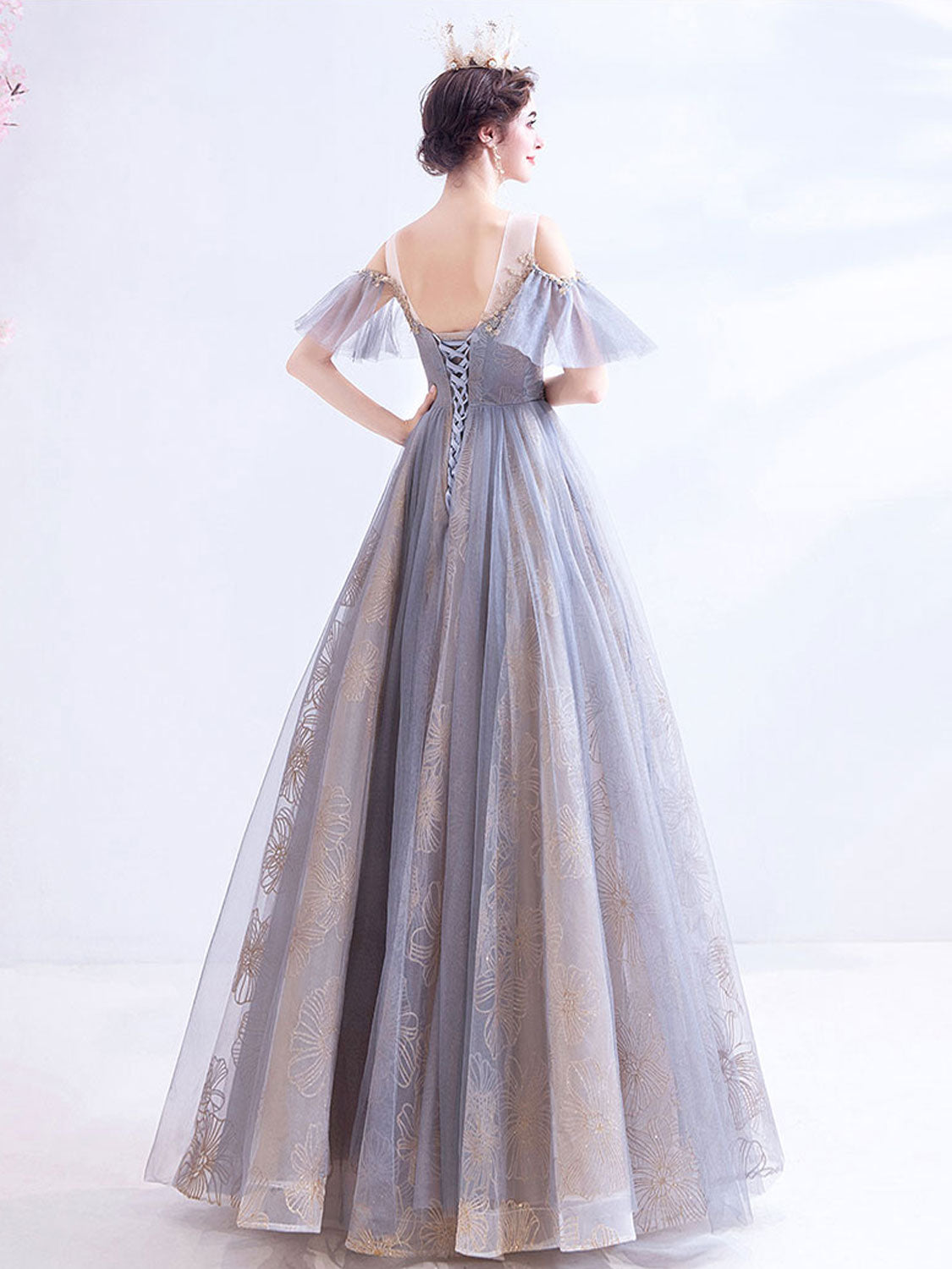 A-Line Scoop Neckline Gray Long Prom Dress Tulle Lace Evening Dress