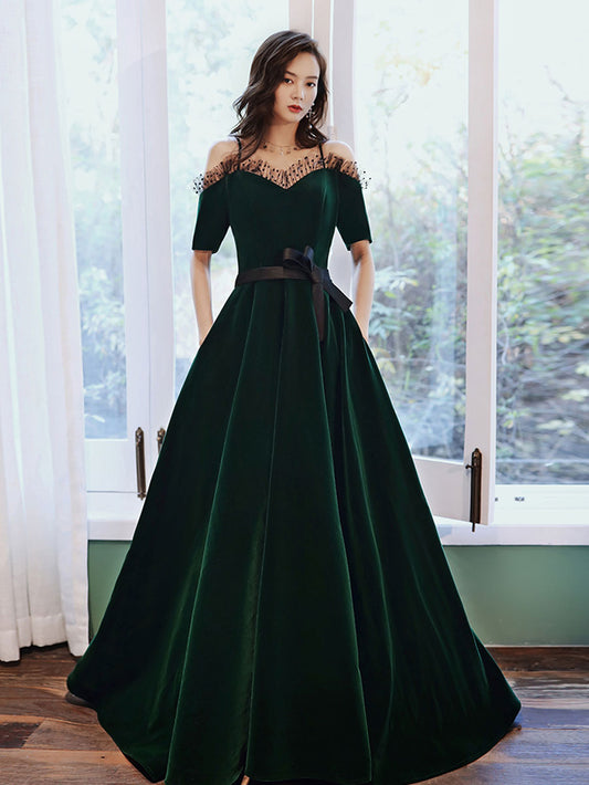 Green A-Line Velvet Long Prom Dress Green Evening Dress