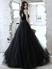 Black A-Line Tulle Beaded Long Prom Dress Black Evening Dress