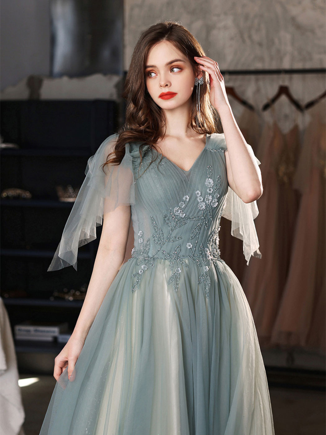 Green V-Neck Tulle Lace Long Prom Dress Green Tulle Formal Dress